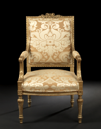 Appraisal: Louis XVI-Style Giltwood Fauteuil early th century with a padded