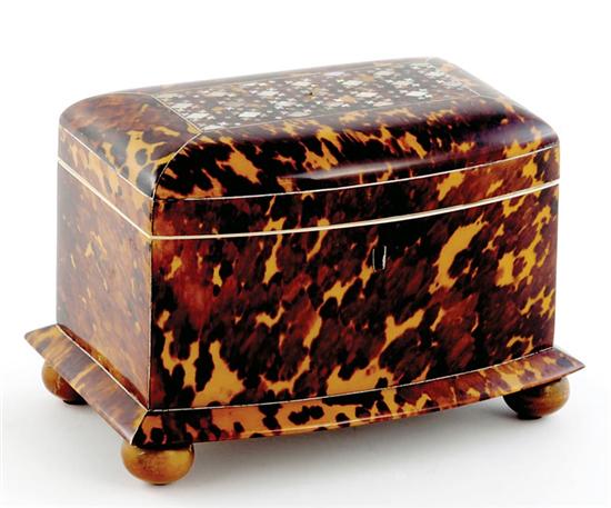 Appraisal: English tortoiseshell and mother-of-pearl tea caddy th century bow front