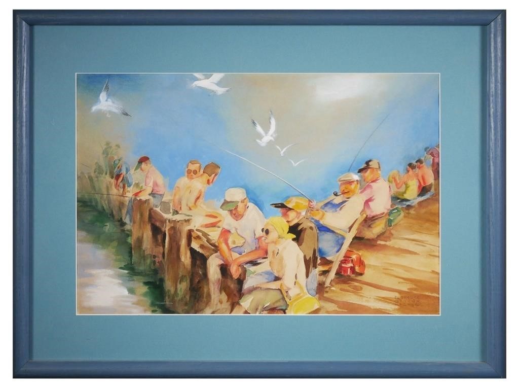 Appraisal: Watercolor painting of a group of fishermen sitting on a