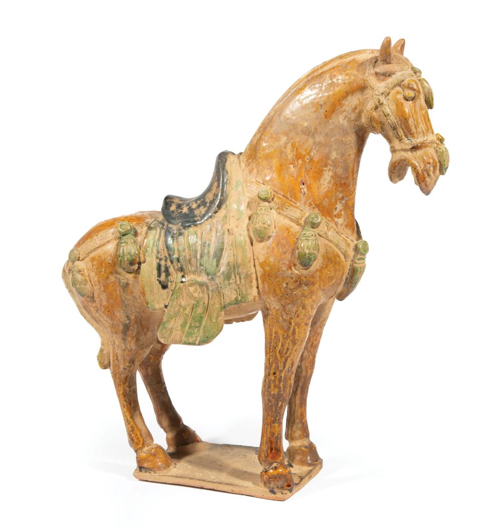 Appraisal: Chinese Tang-Style Sancai Glazed Pottery Horse modeled standing on rectangular