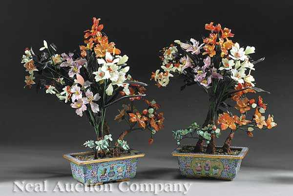 Appraisal: A Pair of Chinese Hardstone Trees Set in Cloisonn Enamel