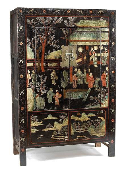 Appraisal: A Chinese polychrome and ebonized two door cabinet th century