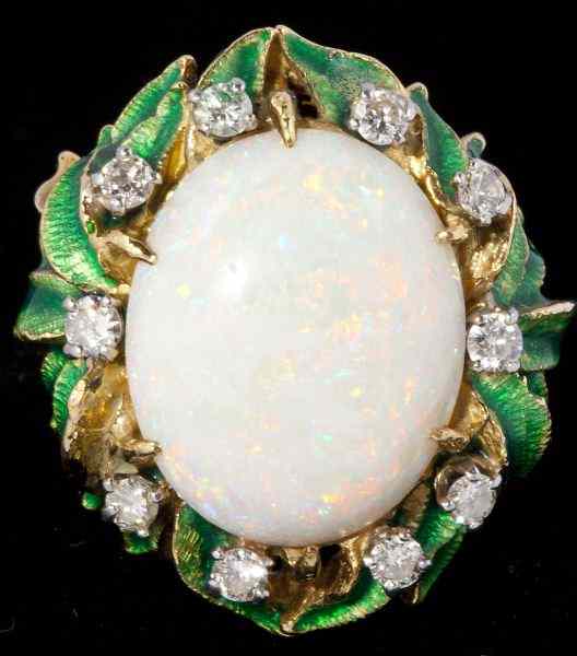 Appraisal: Opal Diamond and Enamel Ringcentering on one oval cabochon opal