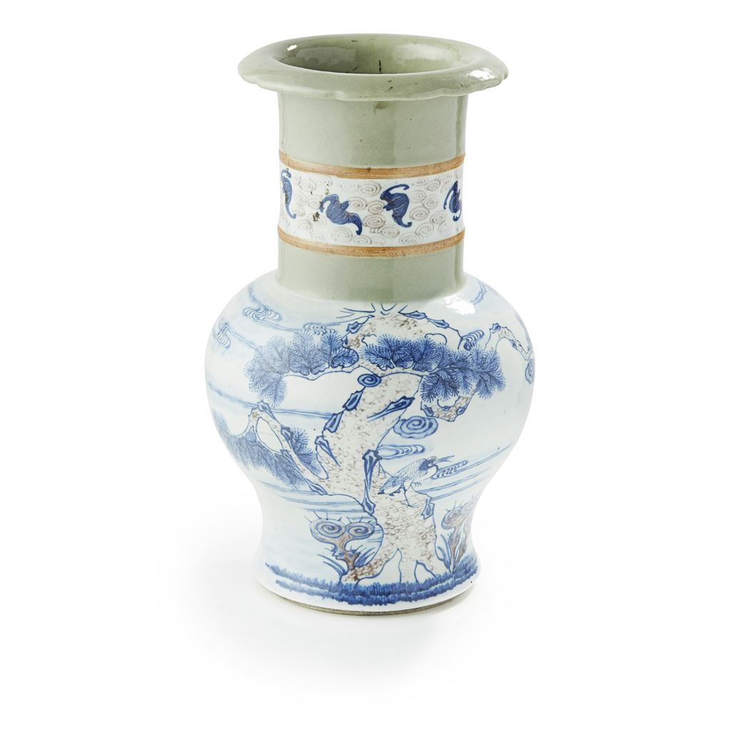 Appraisal: BLUE AND WHITE DECORATED CELADON GROUND BALUSTER VASE QIANLONG MARK