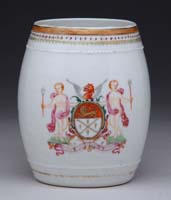 Appraisal: FINE CHINESE EXPORT FAMILLE ROSE ARMORIAL BARREL FORM MUG Circa