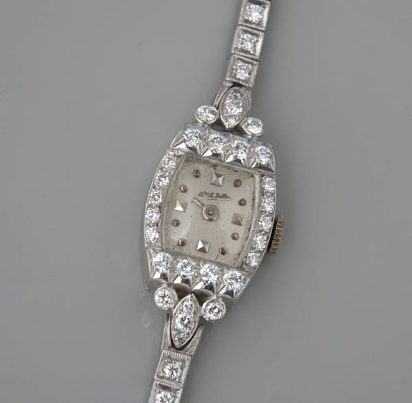 Appraisal: A diamond and platinum bracelet watch Concord jewel movement the