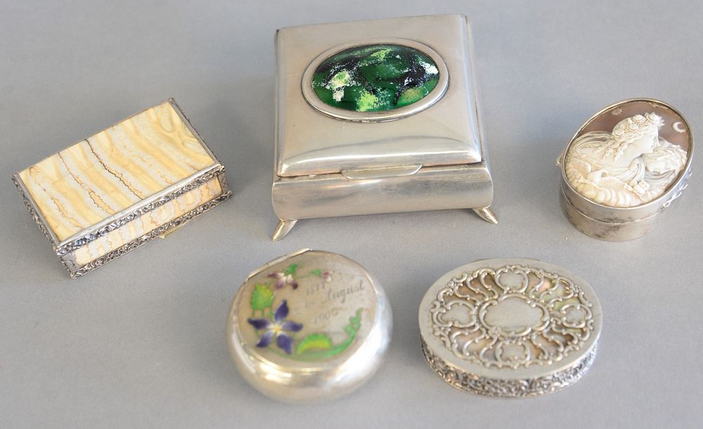 Appraisal: Five various silver boxes with mother of pearl to include