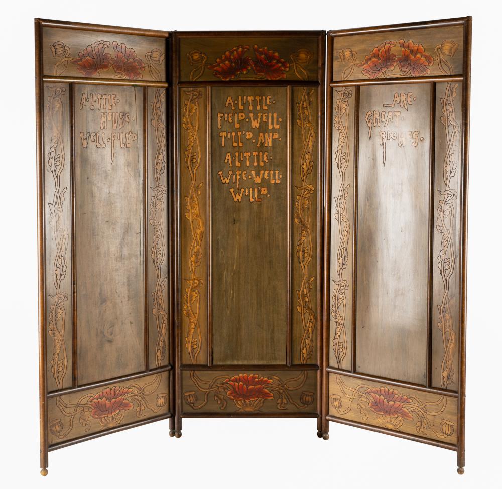 Appraisal: ART NOUVEAU-STYLE THREE-PANEL FLOOR SCREENpainted and etched wood each panel