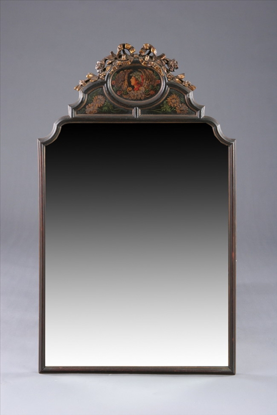 Appraisal: FRENCH STYLE CARVED AND POLYCHROMED WALL MIRROR th century Bow-tied