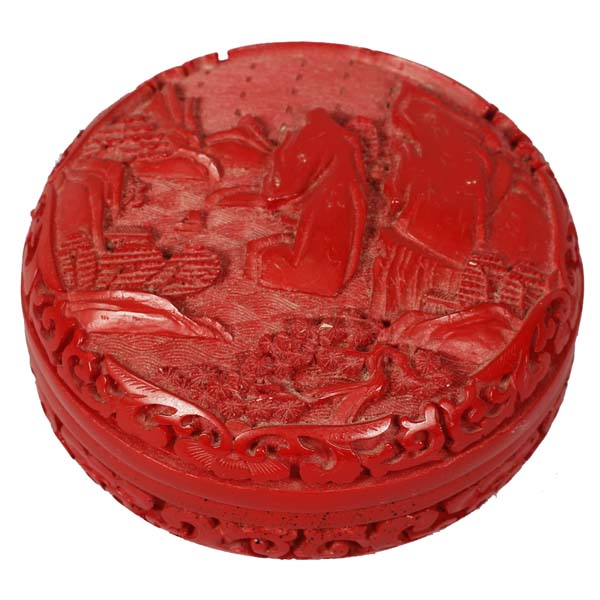 Appraisal: Chinese cinnabar round box with mountain landscape x x