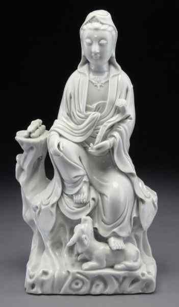 Appraisal: Chinese Qing blanc de chine porcelain Guanyinseated on a rock