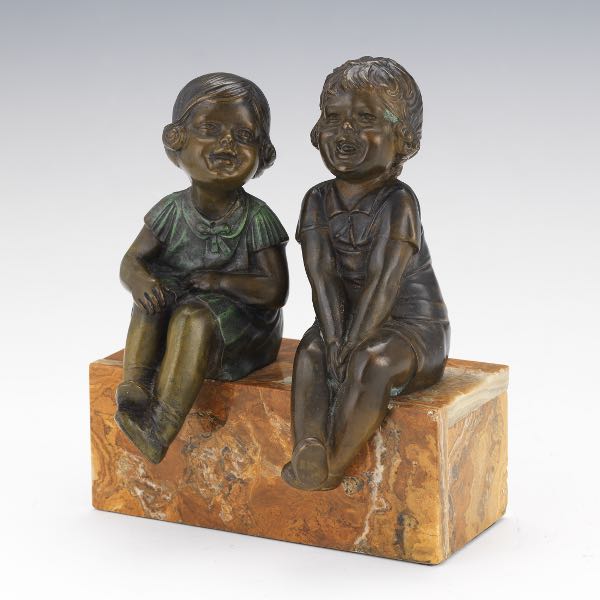 Appraisal: ART DECO BRONZE SCULPTURE OF TWO LAUGHING GIRLS ON ONYX