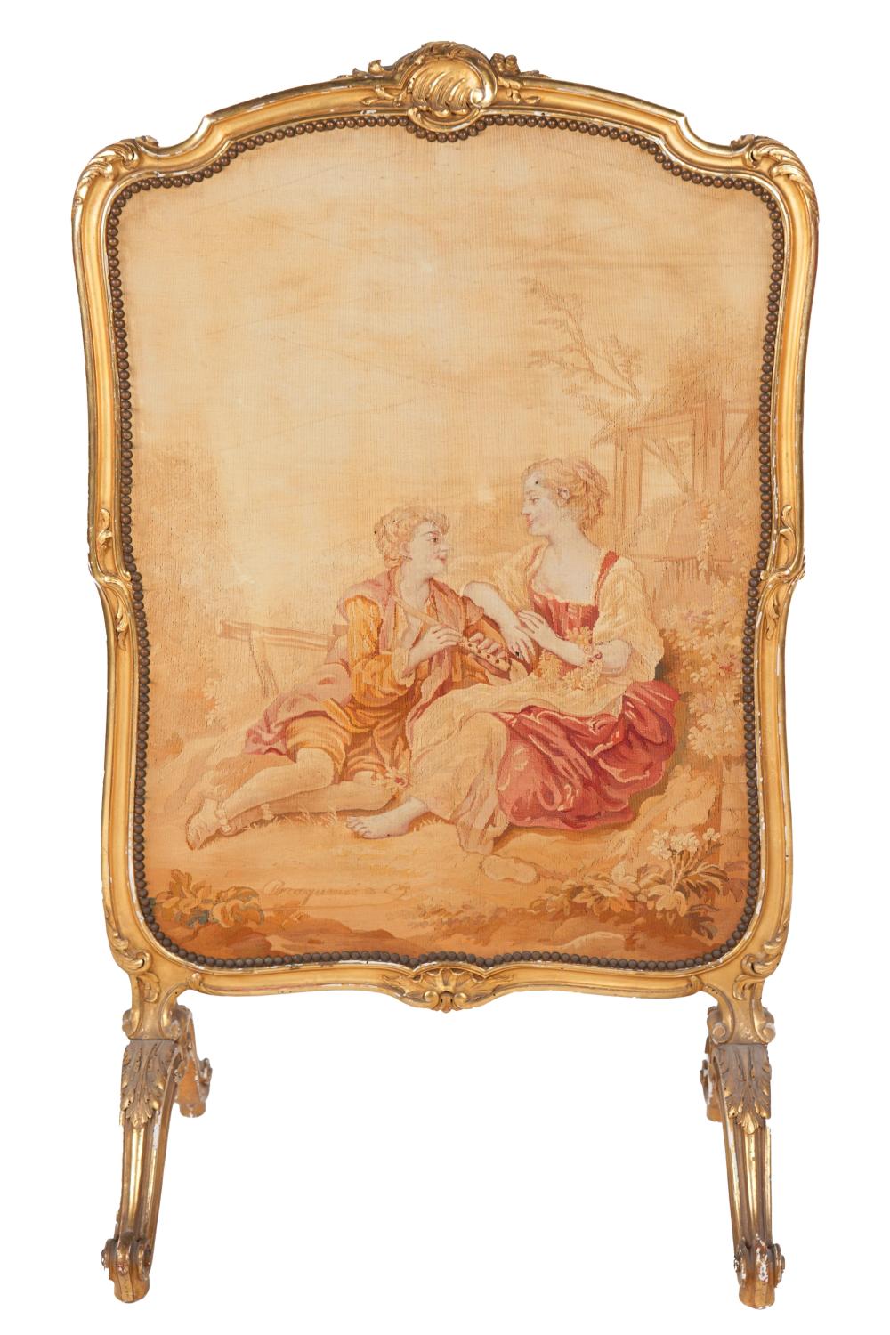 Appraisal: FRENCH GILTWOOD TAPESTRY FIRE SCREENinset with Aubusson tapestry depicting figures