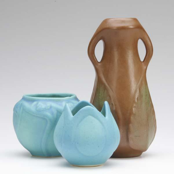 Appraisal: VAN BRIGGLE Three vases two in turquoise the tallest in