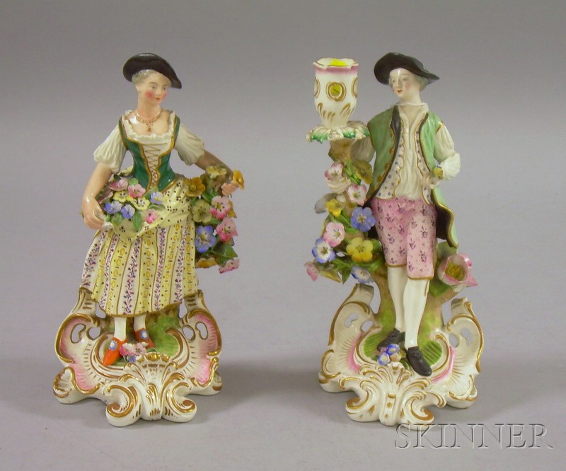 Appraisal: Pair of Meissen Hand-painted Porcelain Figural Candlesticks blue crossed swords