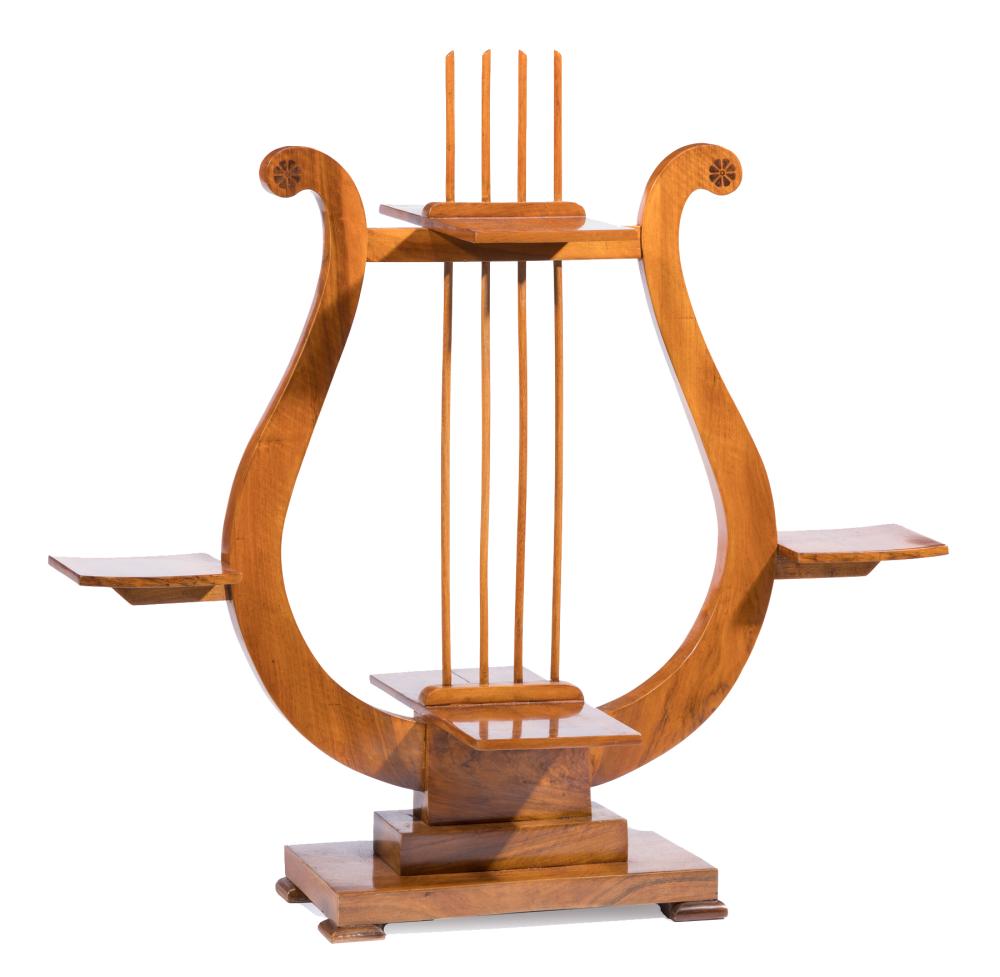 Appraisal: Biedermeier Stenciled Fruitwood Lyre-Form Etagere early th c stepped blocked