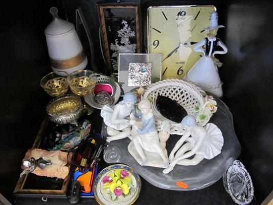 Appraisal: ONE SHELF INCL FIGURES COMPORTS ORNAMENTS CLOCK BASKET MURANO FIGURE