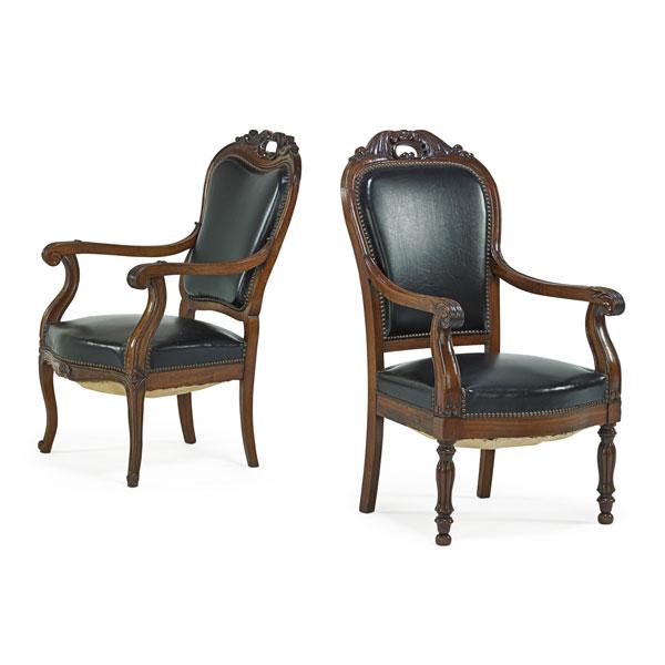 Appraisal: PAIR OF LOUIS PHILIPPE CHAIRS Mahogany open armchairs padded backen