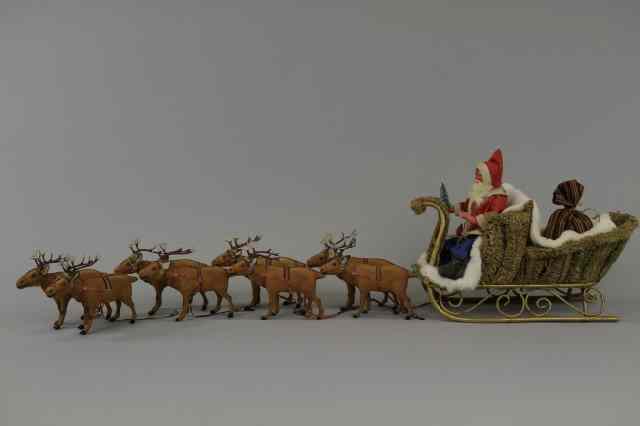 Appraisal: LARGE LICHEN MOSS SLEIGH WITH SANTA AND REINDEER Germany very