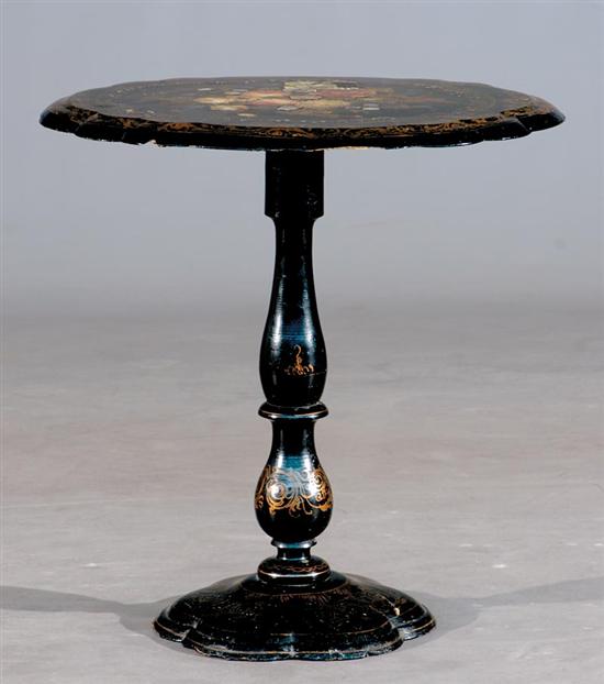 Appraisal: Victorian black lacquer papier mache tilt-top table circa oval top