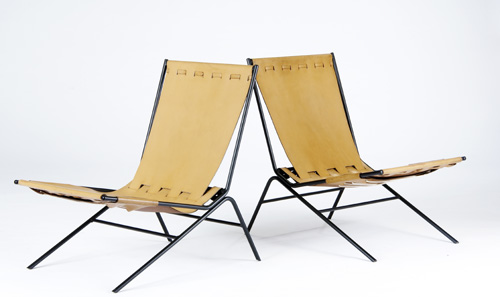 Appraisal: ALLEN GOULD Pair of lounge chairs with leather sling seats