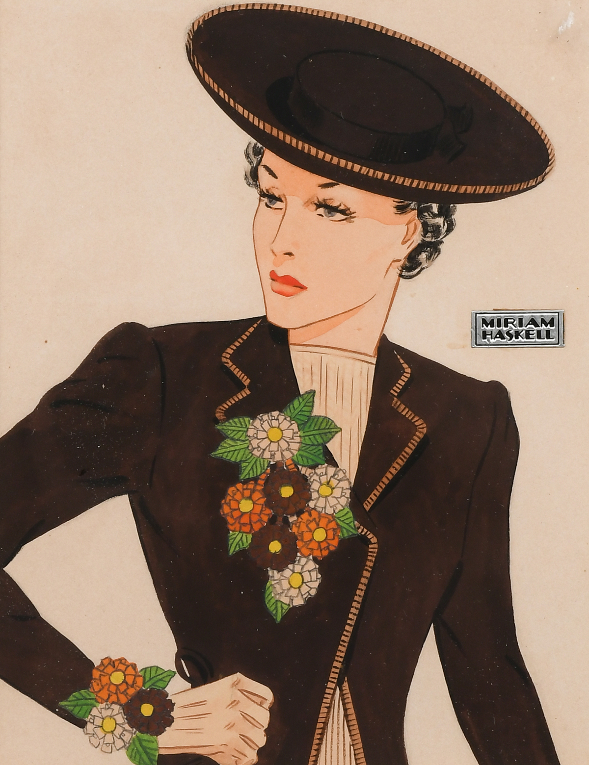 Appraisal: ILLUSTRATION FOR MIRIAM HASKELL Brunette wearing dark reddish-brown coat and