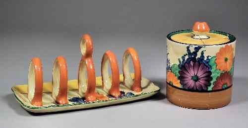 Appraisal: A Clarice Cliff Bizarre pottery ''Crocus'' pattern toast rack ins