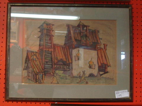 Appraisal: Unknown Color Crayon Drawing of Russian Scene possibly signed lower