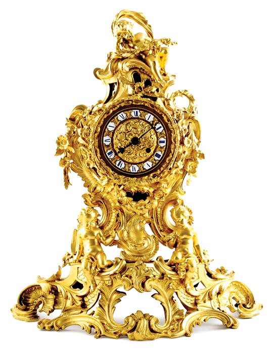 Appraisal: French Rococo ormolu mantel clock Paris circa resting putti above