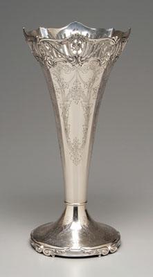 Appraisal: Large sterling trumpet vase openwork floral and swag border pedestal