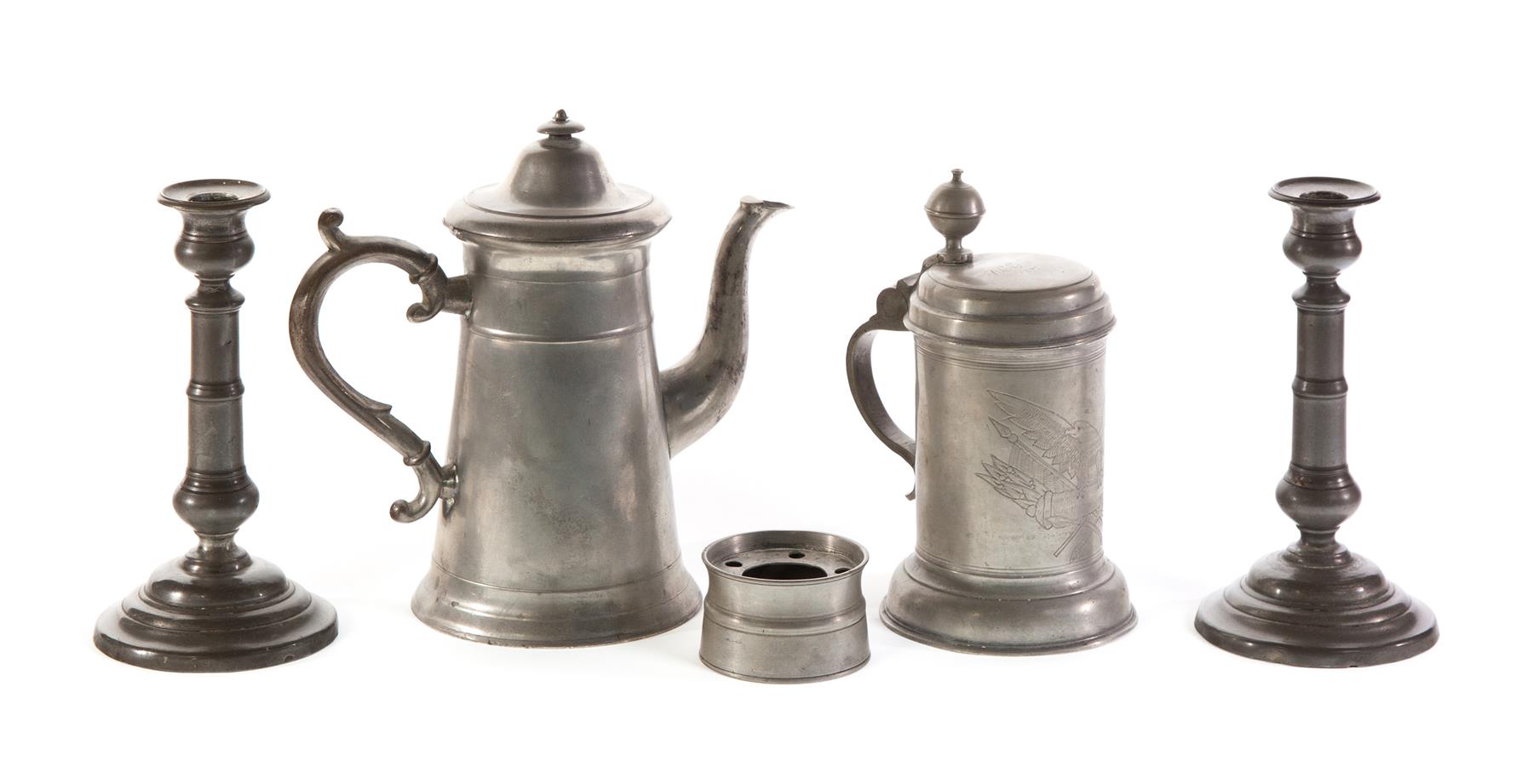 Appraisal: FIVE PIECES OF PEWTER First half- th century Four American