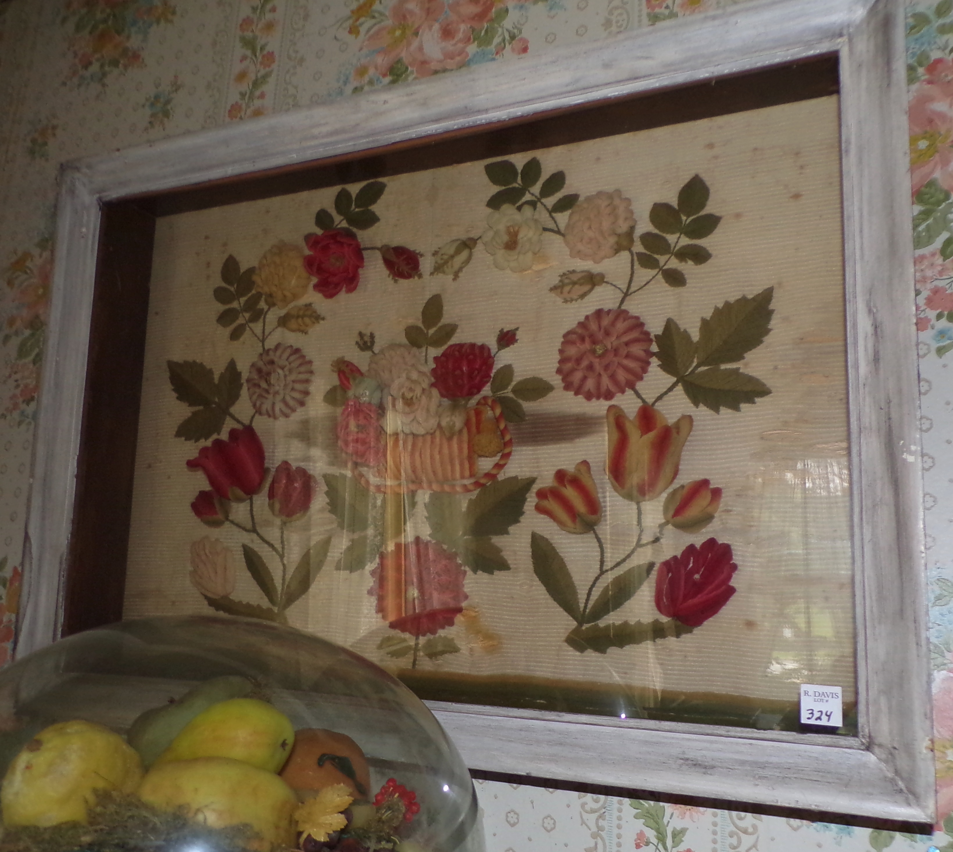 Appraisal: Victorian textile of flowers set in shadow box frame x