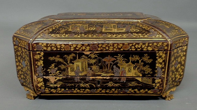 Appraisal: Chinese lacquer octagonal sewing box c with gilt decorated village