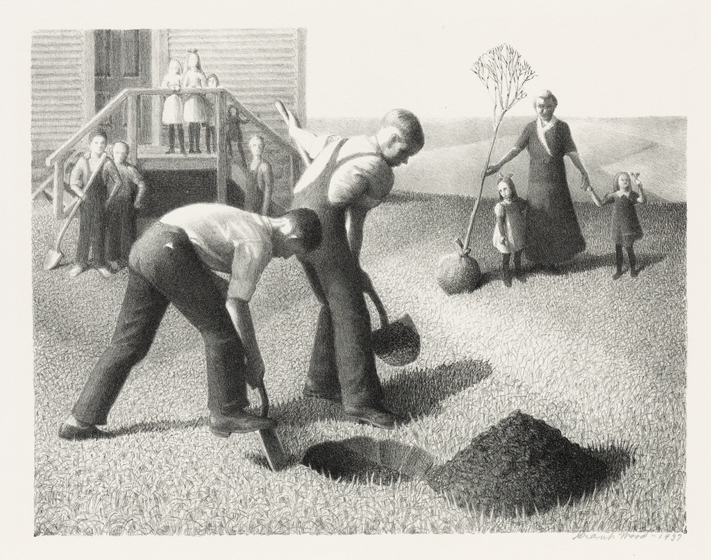 Appraisal: GRANT WOOD Tree Planting Group Lithograph x mm x inches