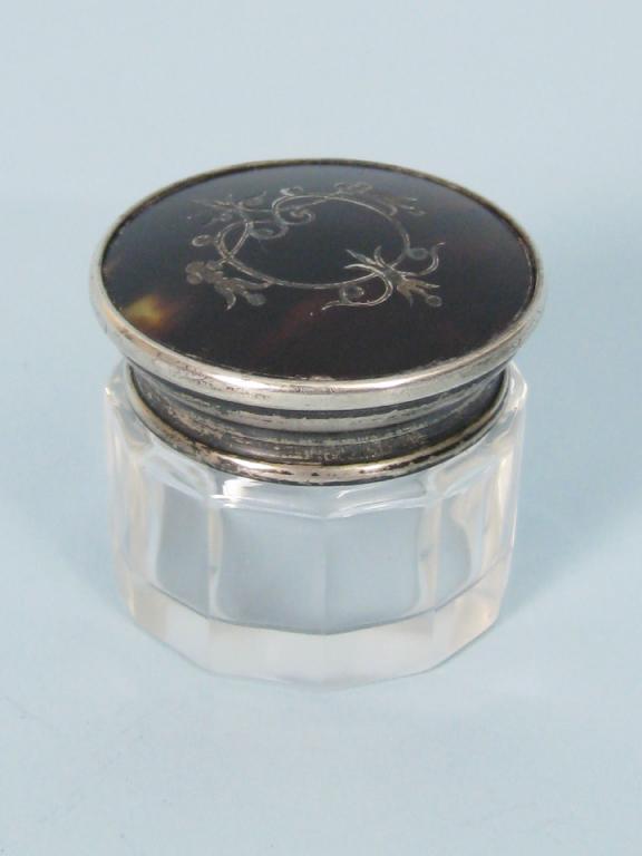 Appraisal: A silver and tortoiseshell lidded small cut glass Jar Birmingham