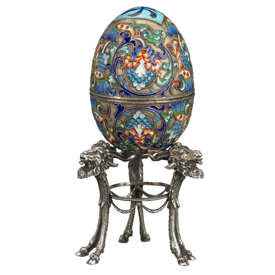 Appraisal: Russian Silver and Cloisonn Enamel Egg with stand bearing marks