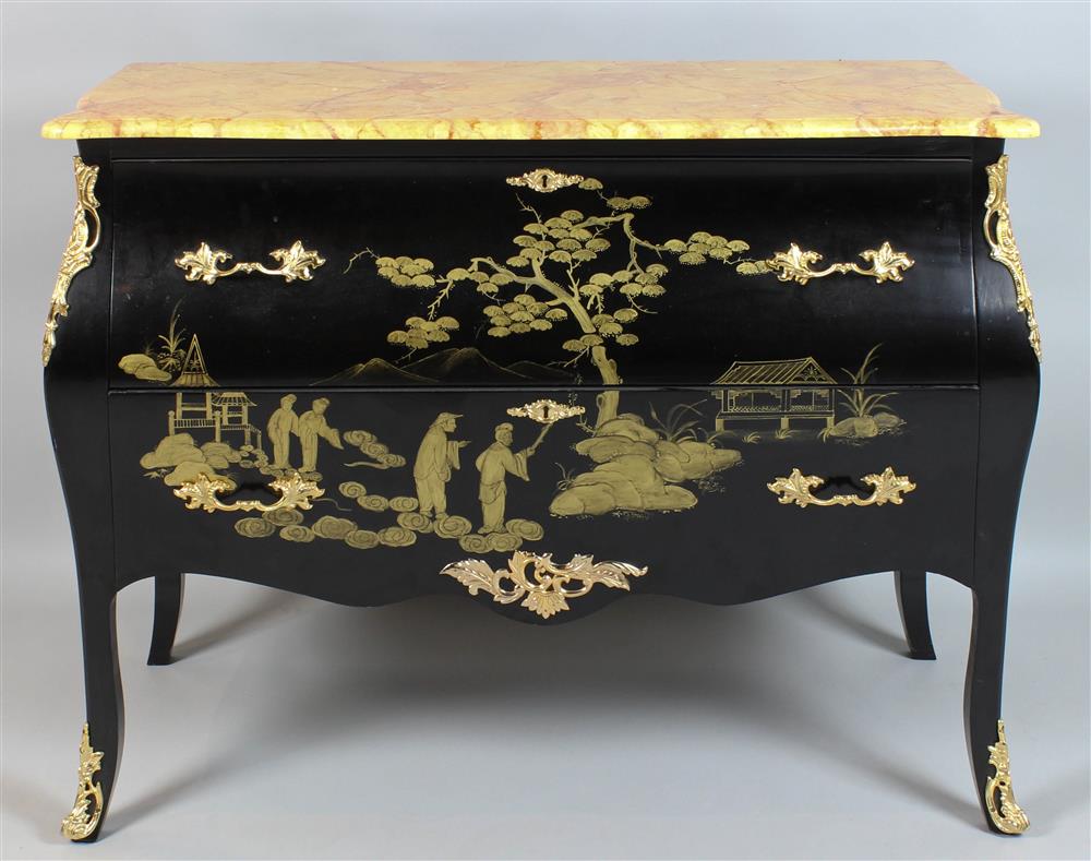 Appraisal: LOUIS XV STYLE GILT AND EBONIZED COMMODE WITH FAUX MARBLE