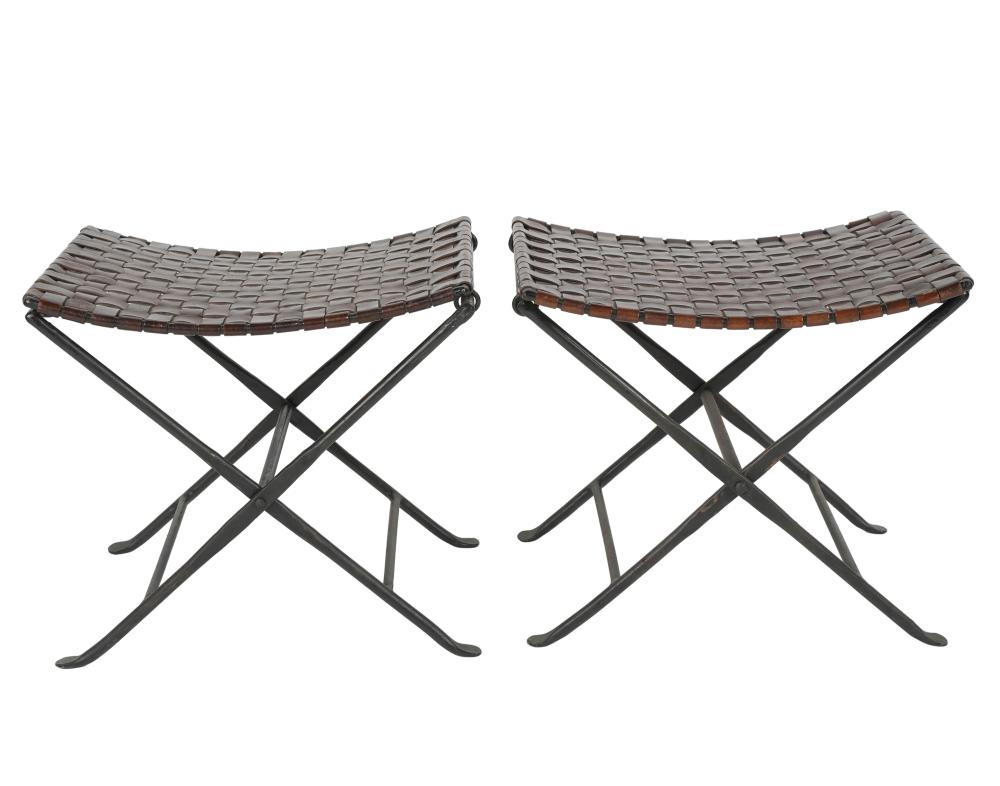 Appraisal: TWO IRON LEATHER FOLDING STOOLSwith woven seats inches wide inches