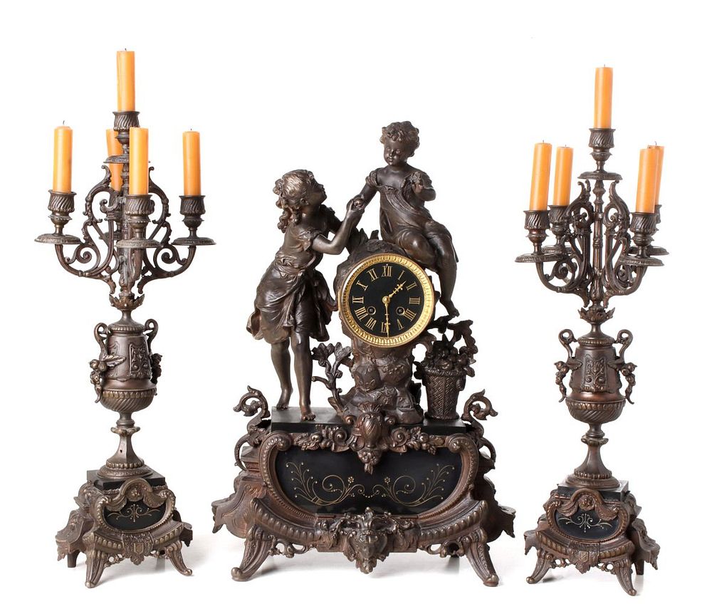 Appraisal: A NICE TH C FRENCH GARNITURE WITH STATUE CLOCK The