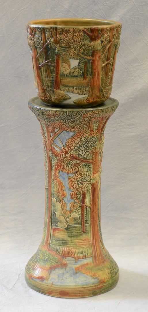 Appraisal: Weller Pottery Forest jardiniere and pedestal pot h x dia