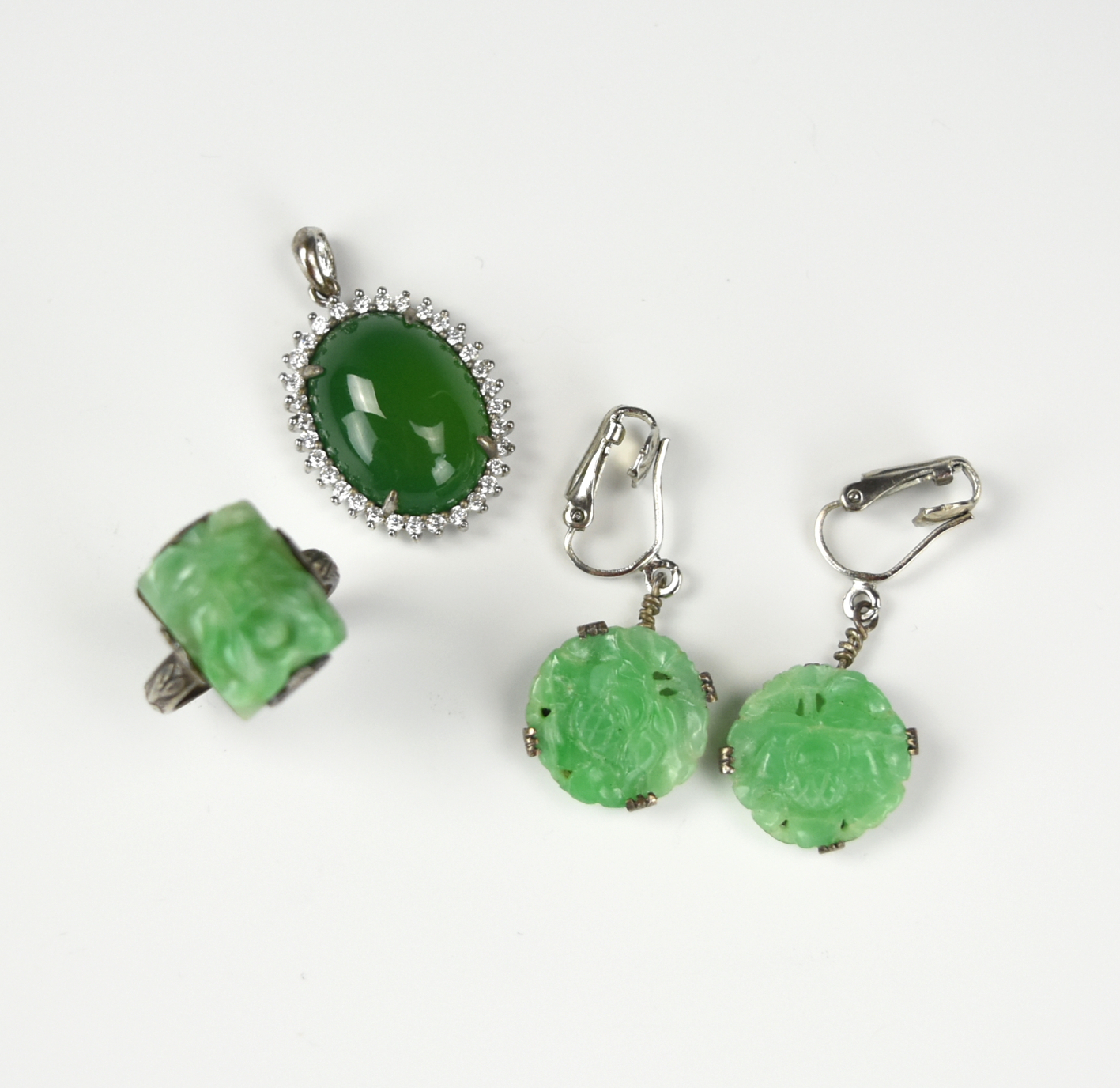 Appraisal: GROUP OF CHINESE JADEITE NECKLACE RING EARRING group of Chinese