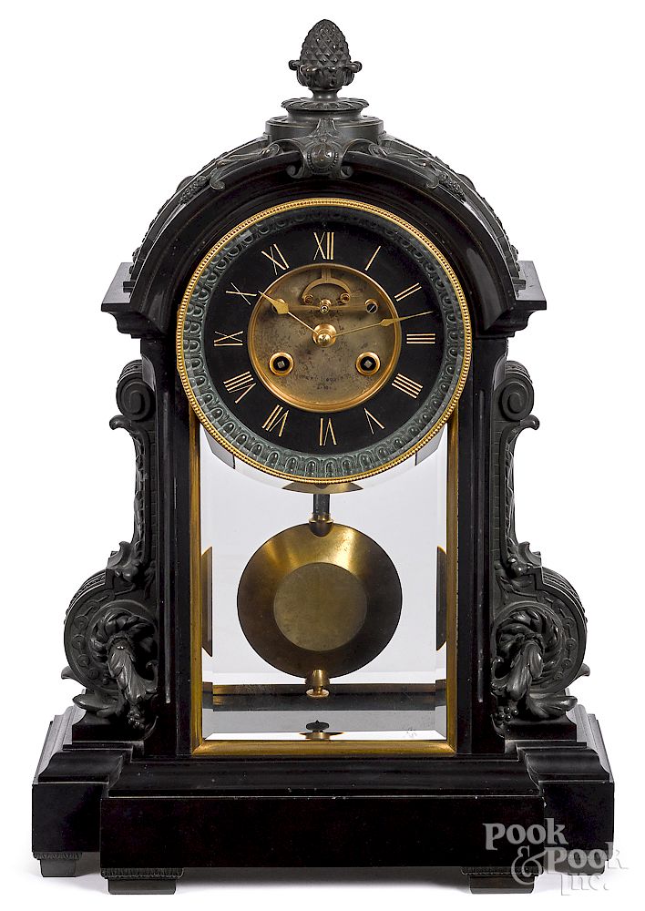 Appraisal: French bronze mounted marble mantel clock French bronze mounted marble