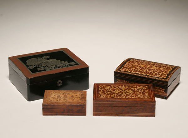 Appraisal: Three marquetry and parquetry wooden boxes and lacquered box various