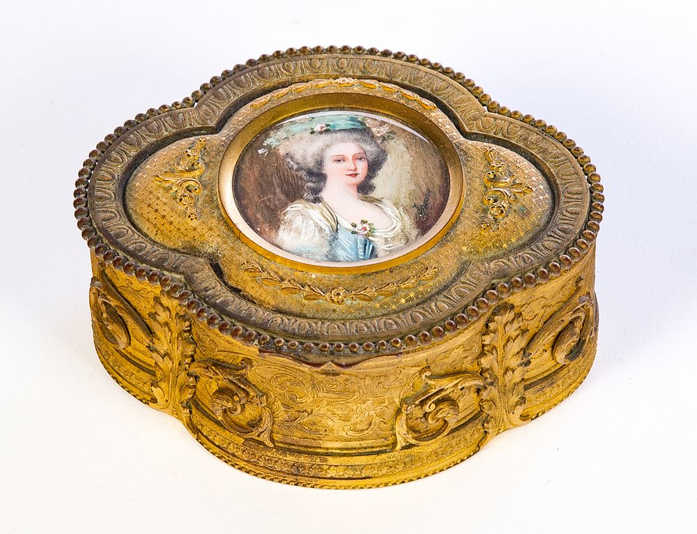 Appraisal: Gilt Bronze Dresser box w Artist Signed Ivory Painting French