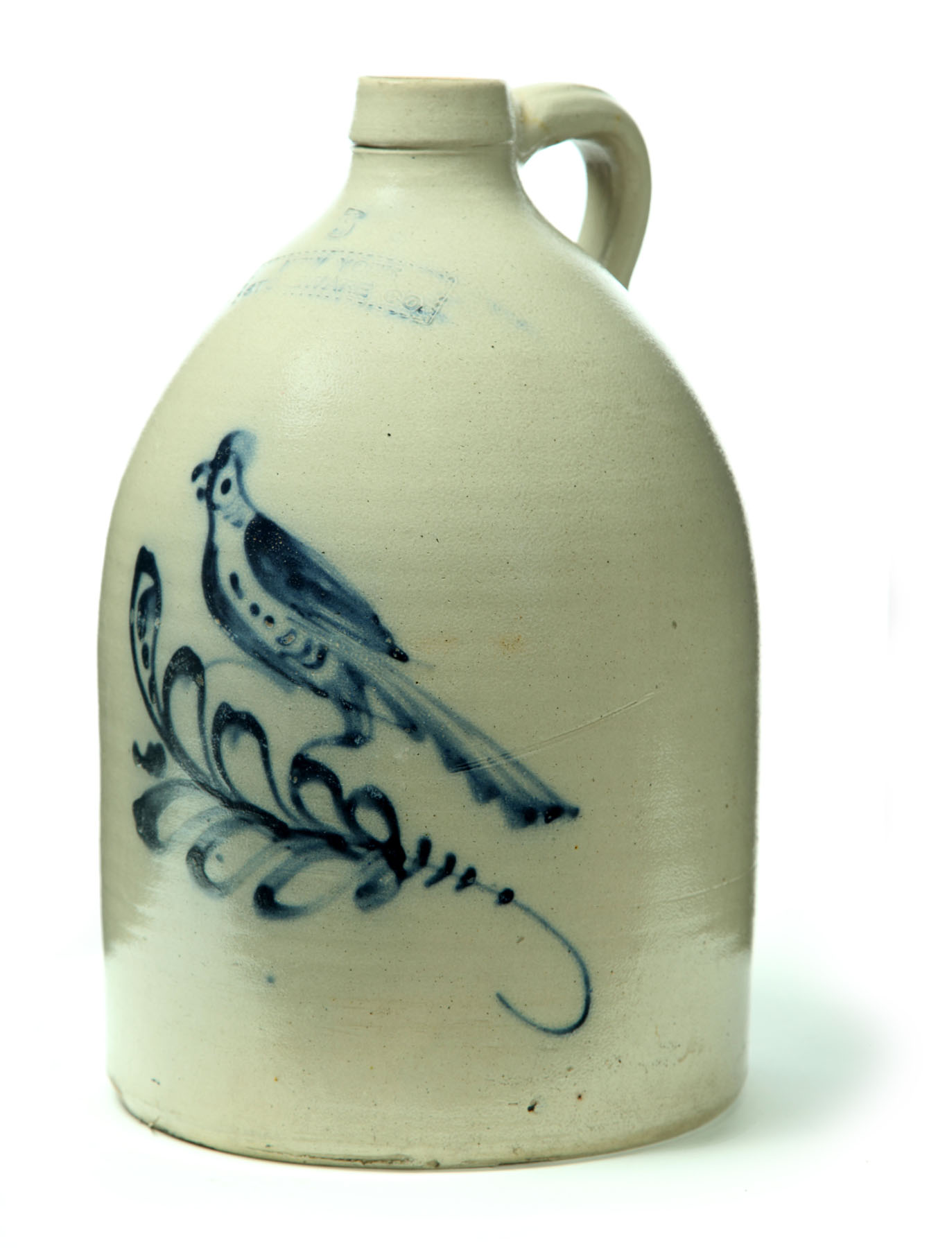 Appraisal: STONEWARE JUG American nd half- th century Brushed cobalt parrot