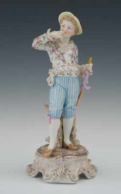 Appraisal: A Meissen Style Porcelain Figurine The young man standing on