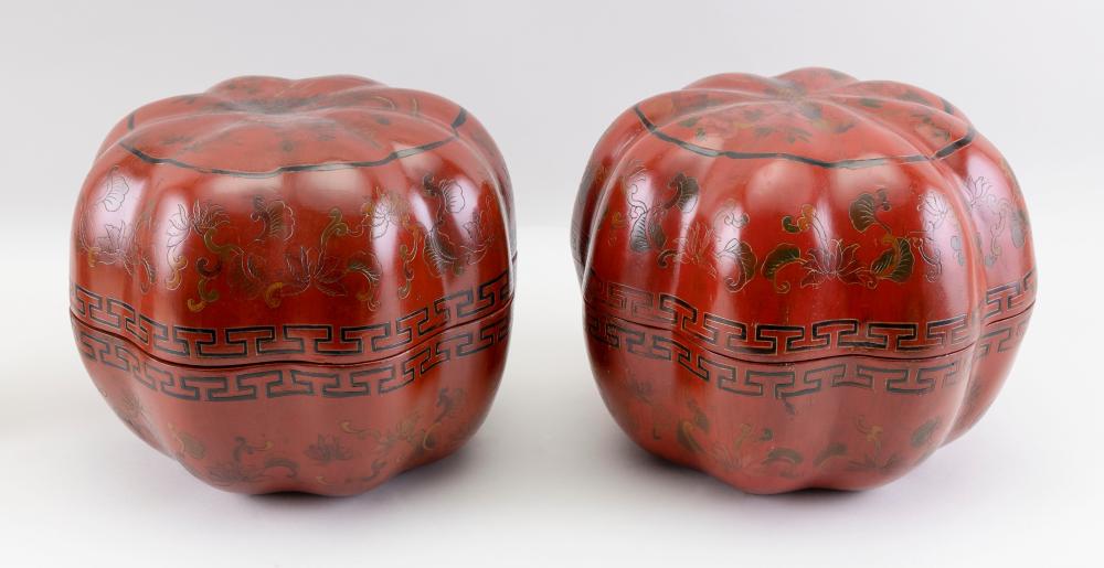 Appraisal: PAIR OF CHINESE RED LACQUER GOURD-FORM BOXES TH CENTURY HEIGHTS