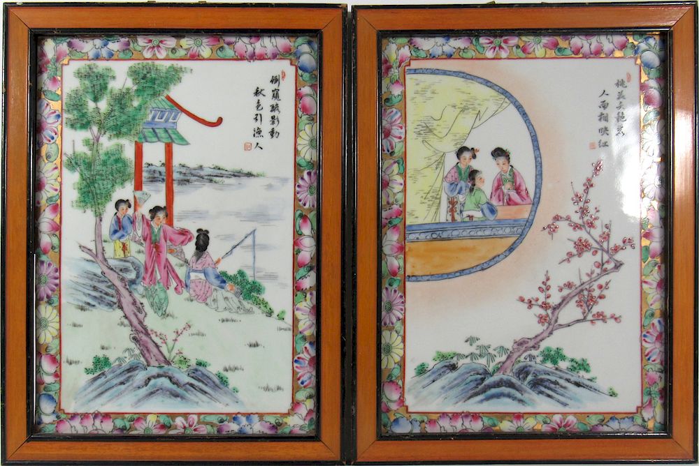 Appraisal: Pair of th Century Porcelain Plaques Enameled scenes of beautiful