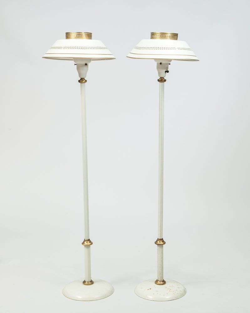 Appraisal: Pair of White Enamel Reeded Floor Lamps With gilt-banded metal