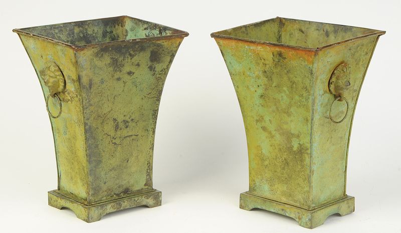 Appraisal: Pair Green Painted Tole Orchid Cachepots th st century lion's